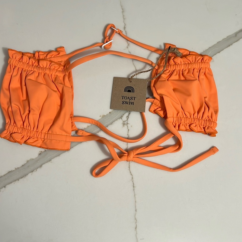 Free People| x Toast Swim| Signature Ruffle Bandeau Top color: nectarine